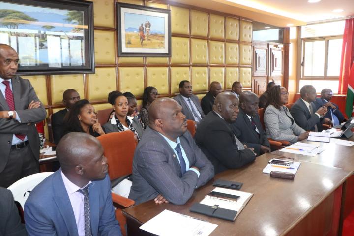 CS Rebecca Miano meeting the Ministry Heads of Agencies in her boardroom.
